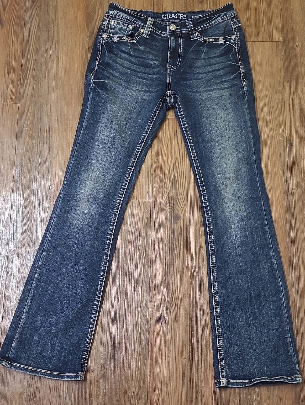Grace Dark Blue Flare Jeans‎ with Contrast Stitching